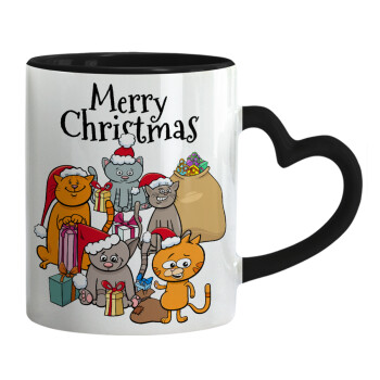 Merry Christmas Cats, Mug heart black handle, ceramic, 330ml