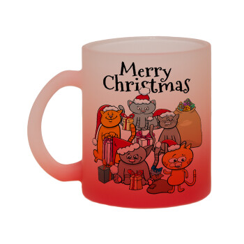 Merry Christmas Cats, Κούπα γυάλινη δίχρωμη με βάση το κόκκινο ματ, 330ml