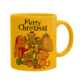 Merry Christmas Cats, Κούπα, κεραμική κίτρινη, 330ml (1 τεμάχιο)