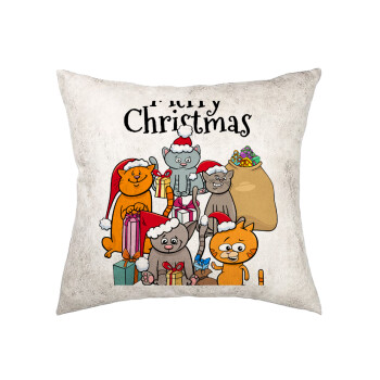 Merry Christmas Cats, Μαξιλάρι καναπέ Δερματίνη Γκρι 40x40cm με γέμισμα