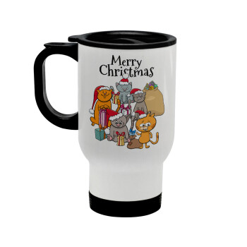 Merry Christmas Cats, Stainless steel travel mug with lid, double wall white 450ml