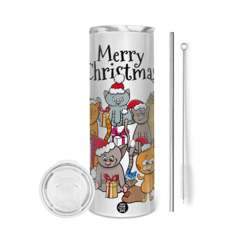 Merry Christmas Cats, Eco friendly stainless steel tumbler 600ml, with metal straw & cleaning brush
