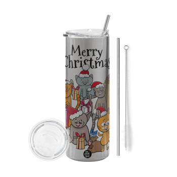 Merry Christmas Cats, Eco friendly stainless steel Silver tumbler 600ml, with metal straw & cleaning brush