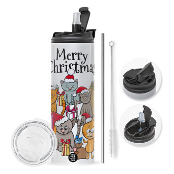 Merry Christmas Cats, Travel Tumbler 2 Lids, with metal straw & cleaning brush (Stainless steel 304 Food grade, BPA free, 600ml)