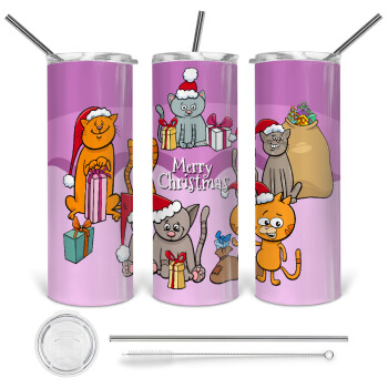 Merry Christmas Cats, 360 Eco friendly stainless steel tumbler 600ml, with metal straw & cleaning brush