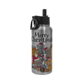 Merry Christmas Cats, Metal mug thermo Silver with Straw and Spout Lid (Stainless steel), double wall, 950ml