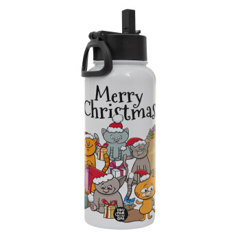 Merry Christmas Cats, Metal mug thermo White with Straw and Spout Lid (Stainless steel), double wall, 950ml