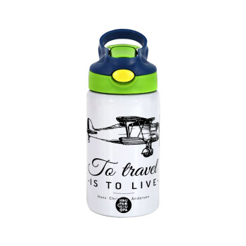 To travel is to live, Children's hot water bottle, stainless steel, with safety straw, green, blue (350ml)