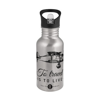 To travel is to live, Water bottle Silver with straw, stainless steel 500ml