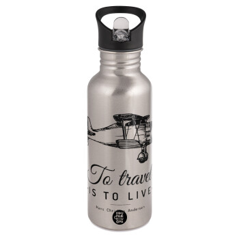 To travel is to live, Water bottle Silver with straw, stainless steel 600ml