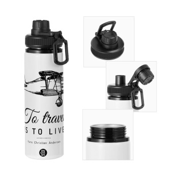 To travel is to live, Metal water bottle with safety cap, aluminum 850ml
