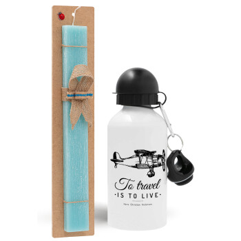 To travel is to live, Easter Set, metallic aluminum water bottle (500ml) & scented flat candle (30cm) (TURQUOISE)