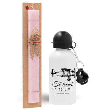 To travel is to live, Easter Set, metallic aluminum bottle (500ml) & aromatic flat Easter candle (30cm) (PINK)