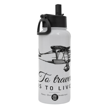 To travel is to live, Metal mug thermo White with Straw and Spout Lid (Stainless steel), double wall, 950ml