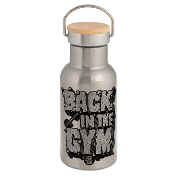 Back in the GYM, Stainless steel metallic thermos flask, silver with a bamboo lid, double-walled, 350ml.