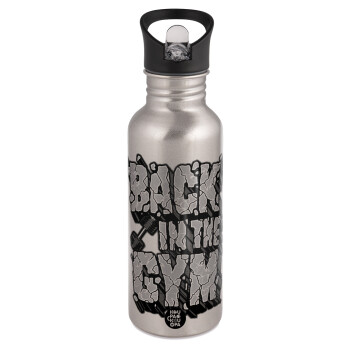 Back in the GYM, Water bottle Silver with straw, stainless steel 600ml
