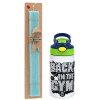 Easter Set, Children's thermal stainless steel bottle with safety straw, green/blue (350ml) & aromatic flat Easter candle (30cm) (TURQUOISE)