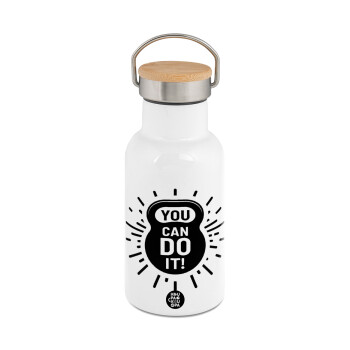 You can do it, Metallic thermos (Stainless steel) White with wooden lid (bamboo), double-walled, 350ml