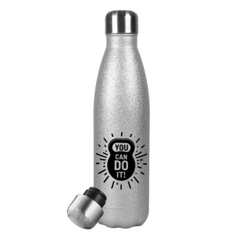 You can do it, Metallic Glitter Silver Thermos Flask (Stainless steel), double-walled, 500ml