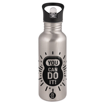 You can do it, Water bottle Silver with straw, stainless steel 600ml