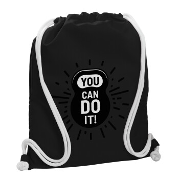 You can do it, Backpack pouch GYMBAG Black, with pocket (40x48cm) & thick white cords