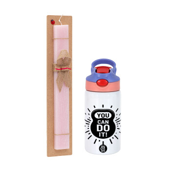 You can do it, Easter Set, Children's thermal stainless steel water bottle with safety straw, pink/purple (350ml) & Easter scented flat candle (30cm) (PINK)