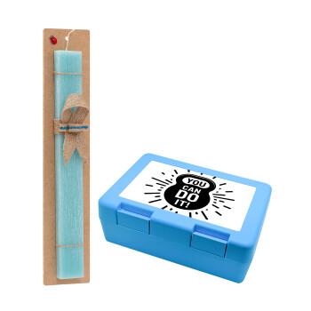 You can do it, Easter Set, children's snack container BLUE & Easter aromatic flat candle (30cm) (TURQUOISE)