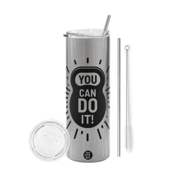 You can do it, Eco friendly ποτήρι θερμό Ασημένιο (tumbler) από ανοξείδωτο ατσάλι 600ml, με μεταλλικό καλαμάκι & βούρτσα καθαρισμού