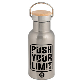 Push your limit, Stainless steel metallic thermos flask, silver with a bamboo lid, double-walled, 350ml.