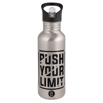 Push your limit, Water bottle Silver with straw, stainless steel 600ml