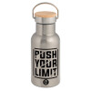 Stainless steel metallic thermos flask, silver with a bamboo lid, double-walled, 350ml.