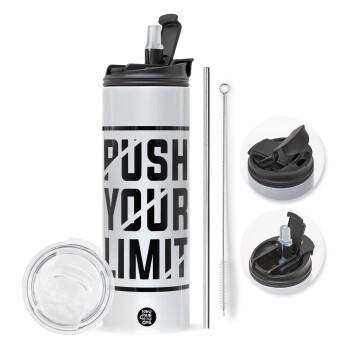 Push your limit, Travel Tumbler θερμό με διπλό καπάκι, μεταλλικό καλαμάκι και βούρτσα καθαρισμού (Ανωξείδωτο 304 Food grade, BPA free, 600ml)