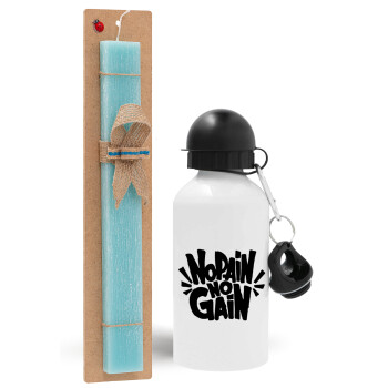 No pain no gain, Easter Set, metallic aluminum water bottle (500ml) & scented flat candle (30cm) (TURQUOISE)