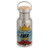 Stainless steel metallic thermos flask, silver with a bamboo lid, double-walled, 350ml.