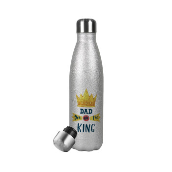 Dad you are the King, Μεταλλικό παγούρι θερμός Glitter Aσημένιο (Stainless steel), διπλού τοιχώματος, 500ml