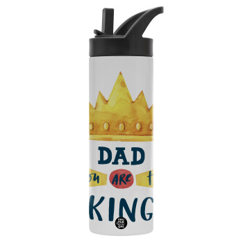 Dad you are the King, Metallic thermos bottle with straw & handle, stainless steel (Stainless steel 304), double-walled, 600ml.