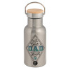 Stainless steel metallic thermos flask, silver with a bamboo lid, double-walled, 350ml.