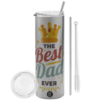 The Best DAD ever, Eco friendly ποτήρι θερμό Ασημένιο (tumbler) από ανοξείδωτο ατσάλι 600ml, με μεταλλικό καλαμάκι & βούρτσα καθαρισμού