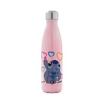 Lilo & Stitch painting, Metal mug thermos Pink Iridiscent (Stainless steel), double wall, 500ml