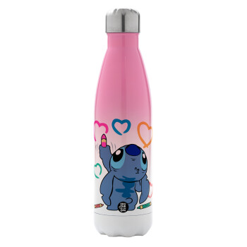 Lilo & Stitch painting, Metal mug thermos Pink/White (Stainless steel), double wall, 500ml