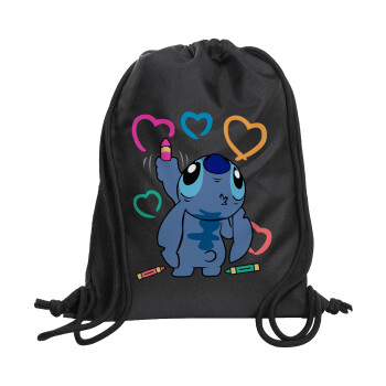 Lilo & Stitch painting, Backpack pouch GYMBAG Black, with pocket (40x48cm) & thick cords