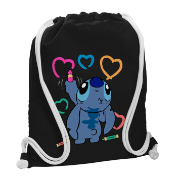 Lilo & Stitch painting, Backpack pouch GYMBAG Black, with pocket (40x48cm) & thick white cords