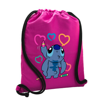 Lilo & Stitch painting, Backpack pouch GYMBAG Fuchsia, with pocket (40x48cm) & thick cords