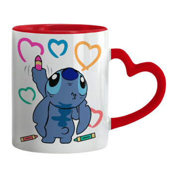 Lilo & Stitch painting, Mug heart red handle, ceramic, 330ml