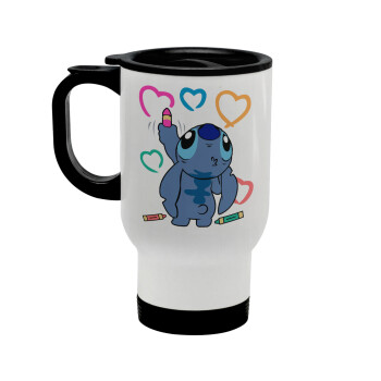 Lilo & Stitch painting, Stainless steel travel mug with lid, double wall white 450ml