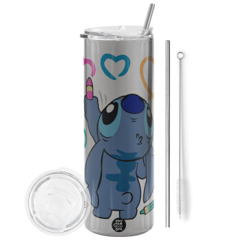 Lilo & Stitch painting, Eco friendly stainless steel Silver tumbler 600ml, with metal straw & cleaning brush