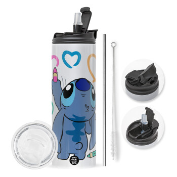 Lilo & Stitch painting, Travel Tumbler θερμό με διπλό καπάκι, μεταλλικό καλαμάκι και βούρτσα καθαρισμού (Ανωξείδωτο 304 Food grade, BPA free, 600ml)