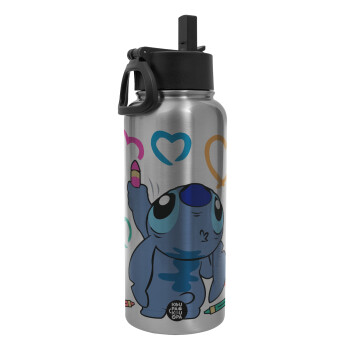 Lilo & Stitch painting, Metal mug thermo Silver with Straw and Spout Lid (Stainless steel), double wall, 950ml