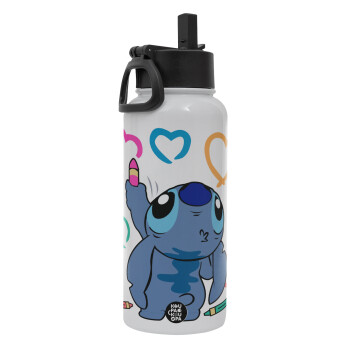 Lilo & Stitch painting, Metal mug thermo White with Straw and Spout Lid (Stainless steel), double wall, 950ml