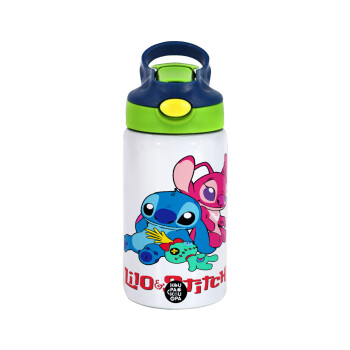 Lilo & Stitch, Children's hot water bottle, stainless steel, with safety straw, green, blue (350ml)